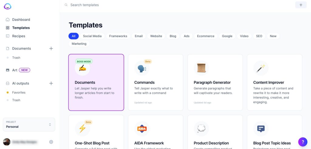 Jasper AI vs Rytr: Screenshot of Jasper's templates page