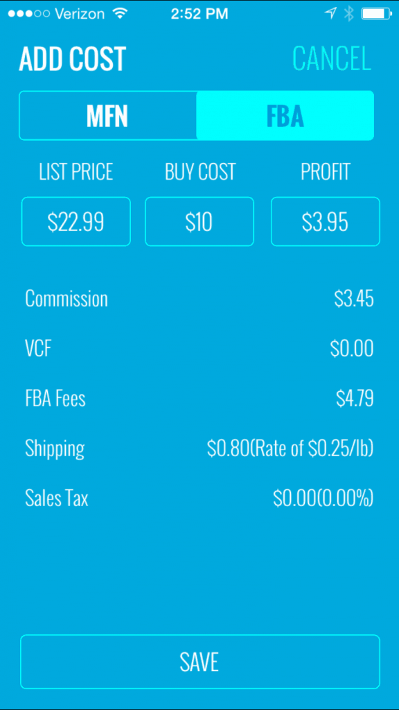FBA fees chart