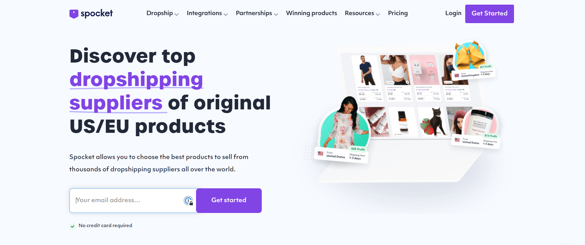 Screenshot of Spocket homepage.