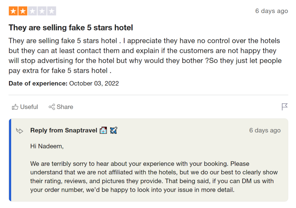 is snaptravel legit - trustpilot review screenshot